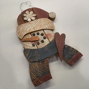 Vintage Primitive Folk Art Wooden Snowman Winter Wall Decor, Whimsical Christmas